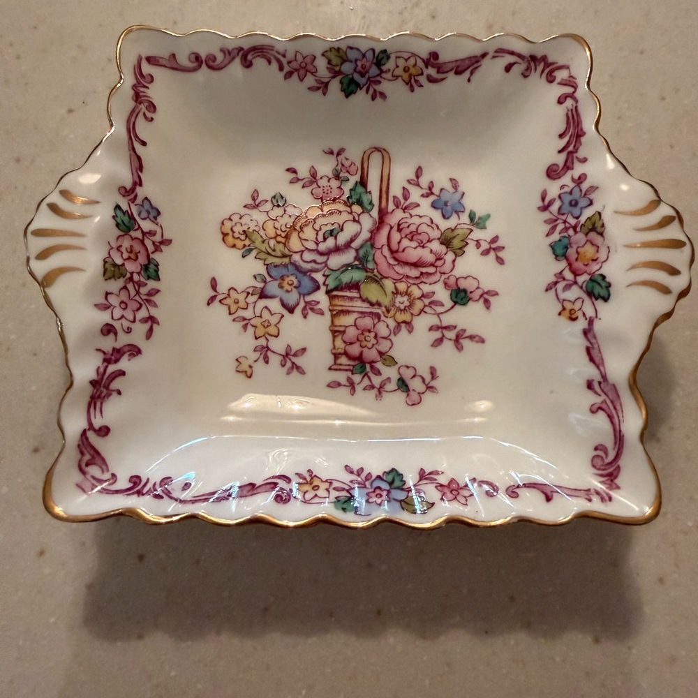 Floral Square Trinket Dish with Gold Accents Staffordshire crown fine bone china